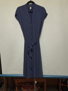 H&M Slate Blue Button-Down Midi Dress with Tie Belt, Soft and Flowy, Medium